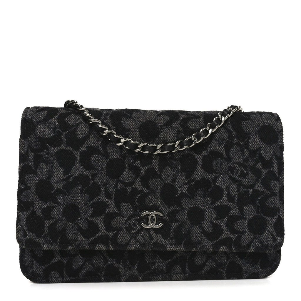 Printed Denim Quilted Flower Wallet On Chain WOC Black
