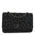 Printed Denim Quilted Flower Wallet On Chain WOC Black