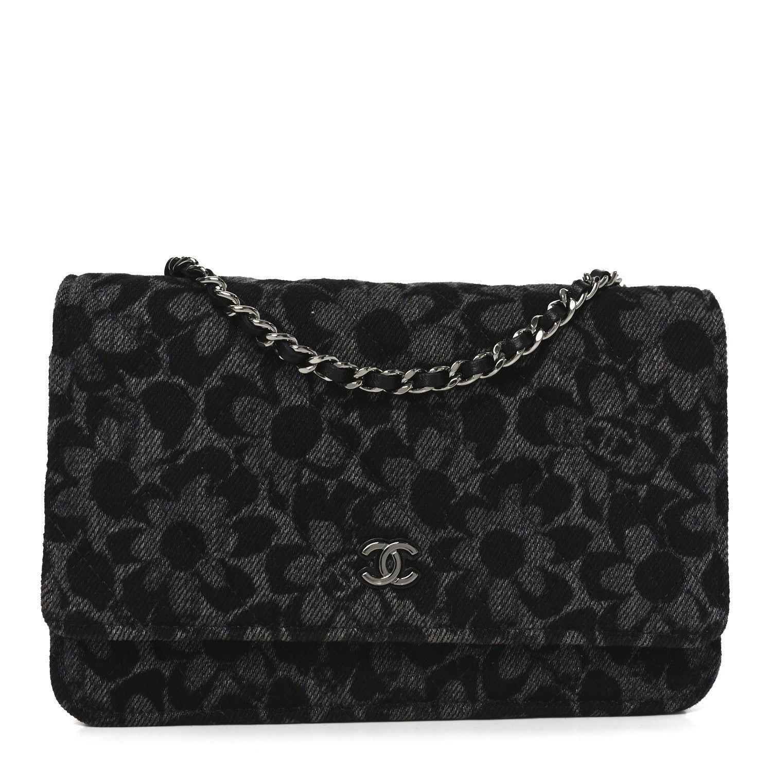 Printed Denim Quilted Flower Wallet On Chain WOC Black
