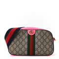 GG Supreme Monogram Textured Dollar Calfskin Web Ophidia Small Crossbody Bag Beige Ebony Fuchsia