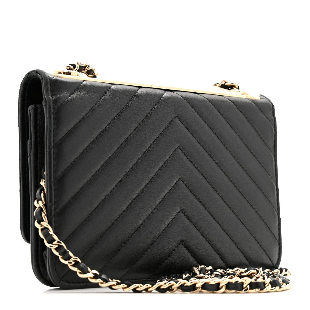 Lambskin Chevron Quilted Trendy CC Wallet On Chain WOC Black