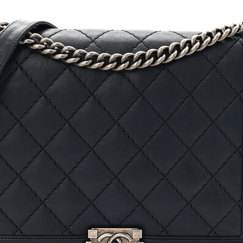 Calfskin Double Stitch Large Boy Flap Navy Blue