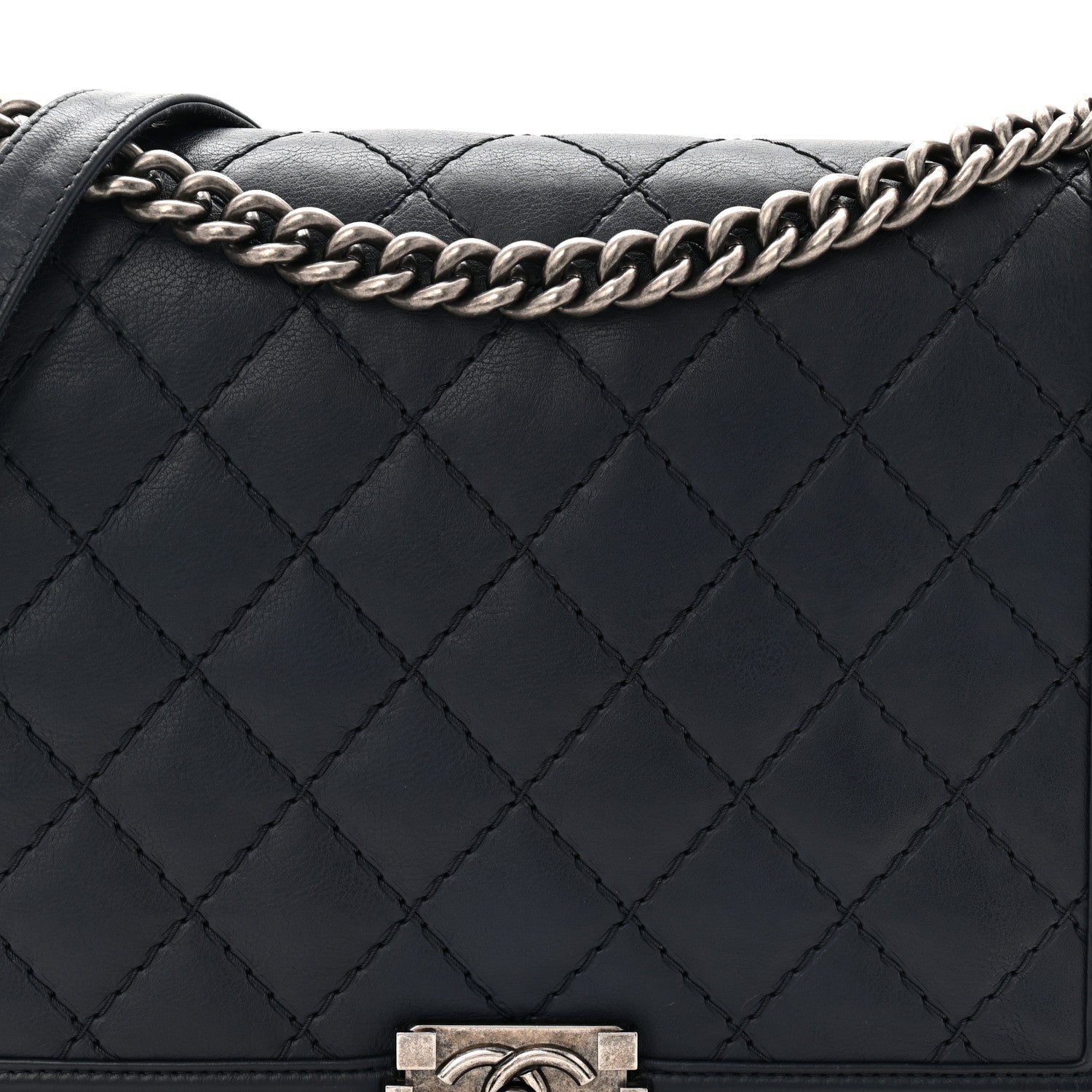 Calfskin Double Stitch Large Boy Flap Navy Blue