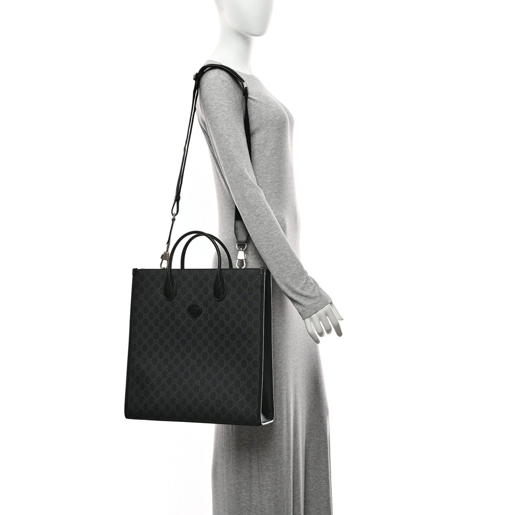 GG Supreme Monogram Azalea Calfskin Medium Retro Interlocking G Vertical Tote Bag Black