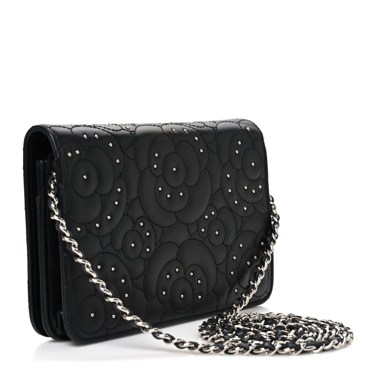 Lambskin Camellia Studded Wallet on Chain WOC Black