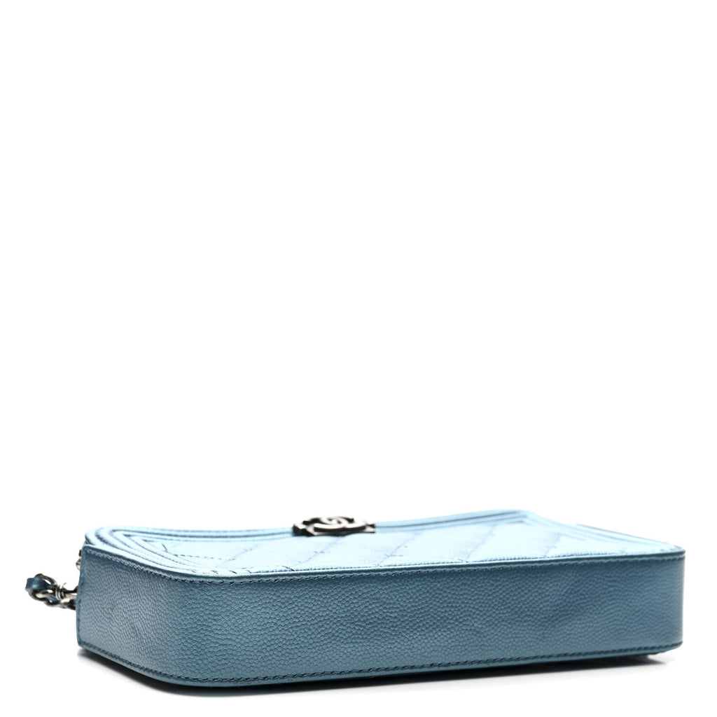 Metallic Caviar Quilted Small Boy Clutch With Chain Turquoise