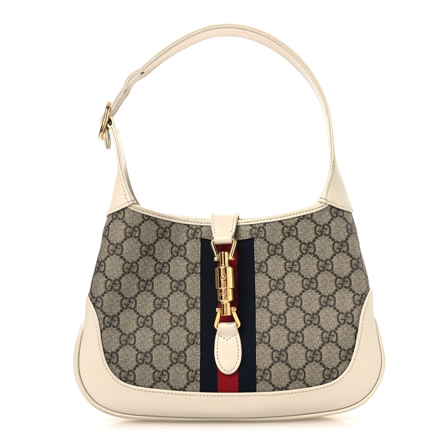 GG Supreme Monogram Azalea Calfskin Web Small Jackie 1961 Hobo Beige Ebony Mystic White