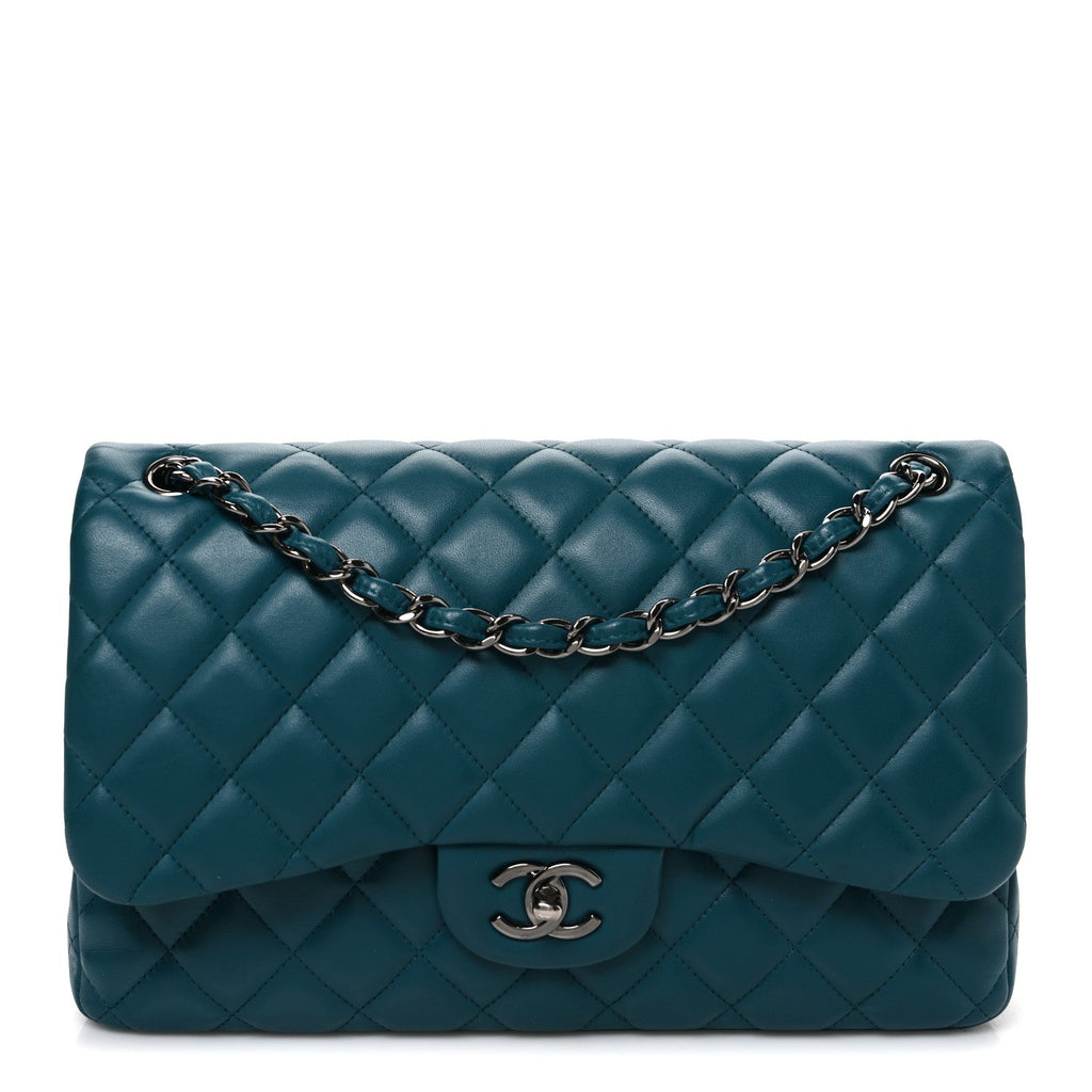 Lambskin Quilted Jumbo Double Flap Turquoise