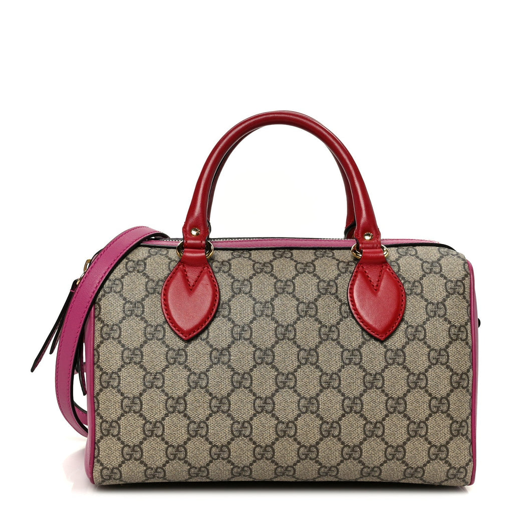 GG Supreme Monogram Moon Calfskin Small Boston Beige Ebony Hibiscus Red New Rosette