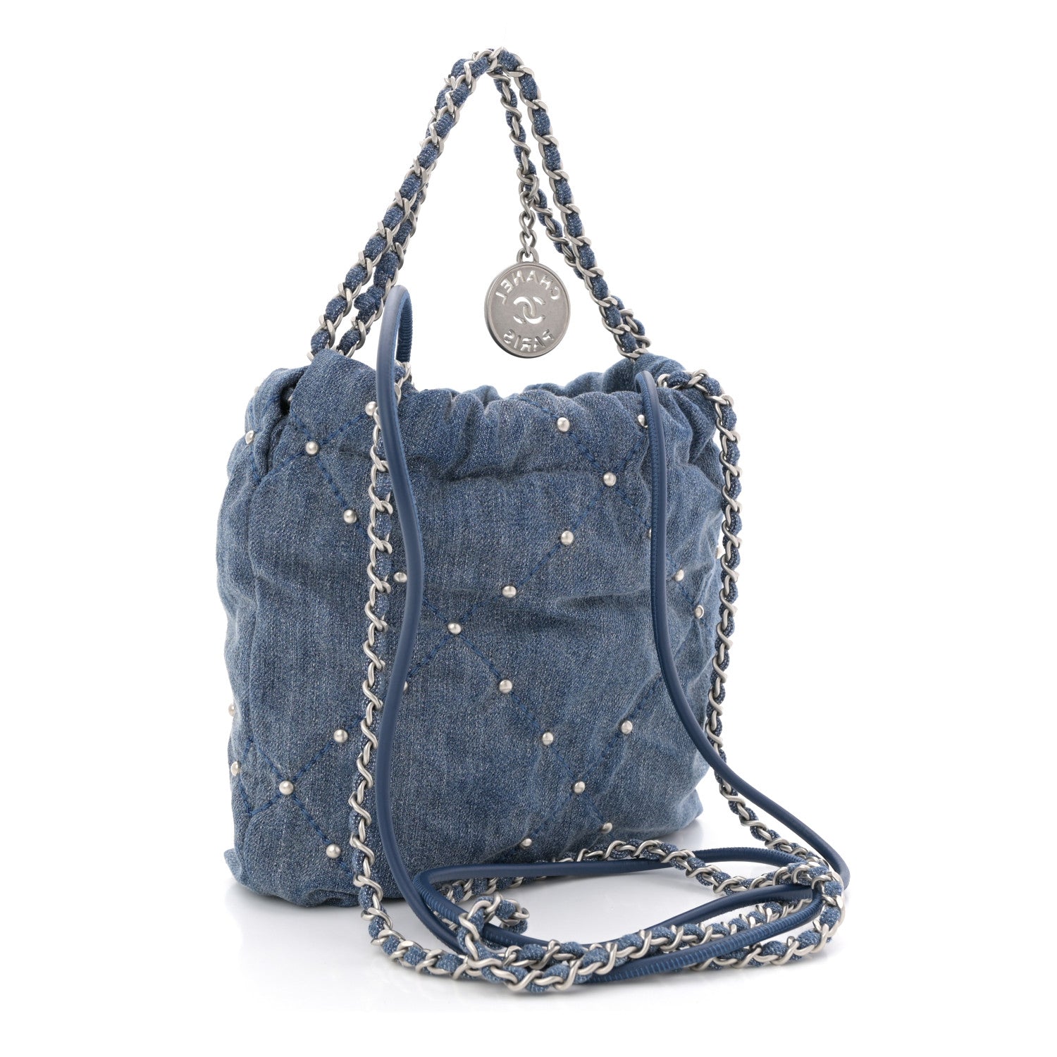 Washed Denim Quilted Studded Mini Chanel 22 Blue
