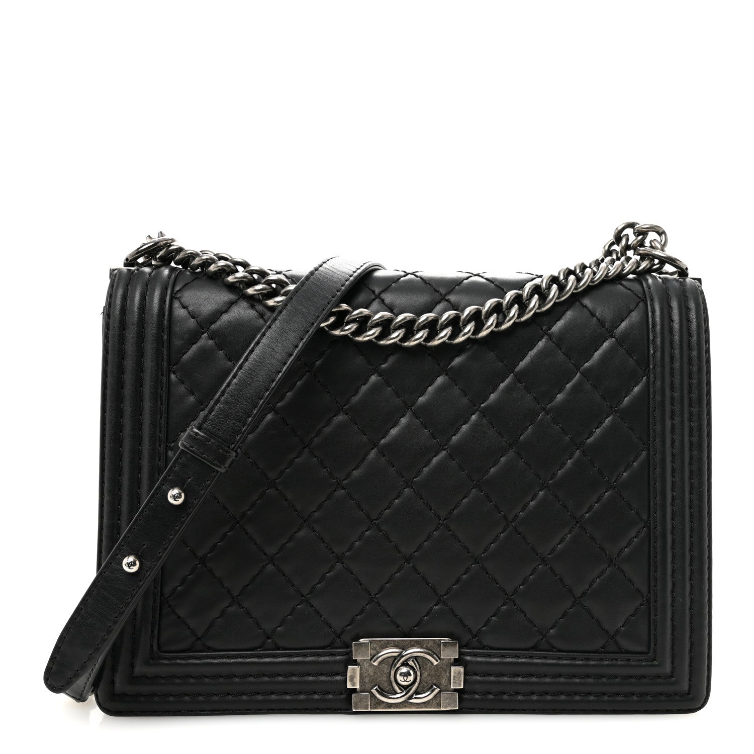 Calfskin Double Stitch Large Boy Flap Black
