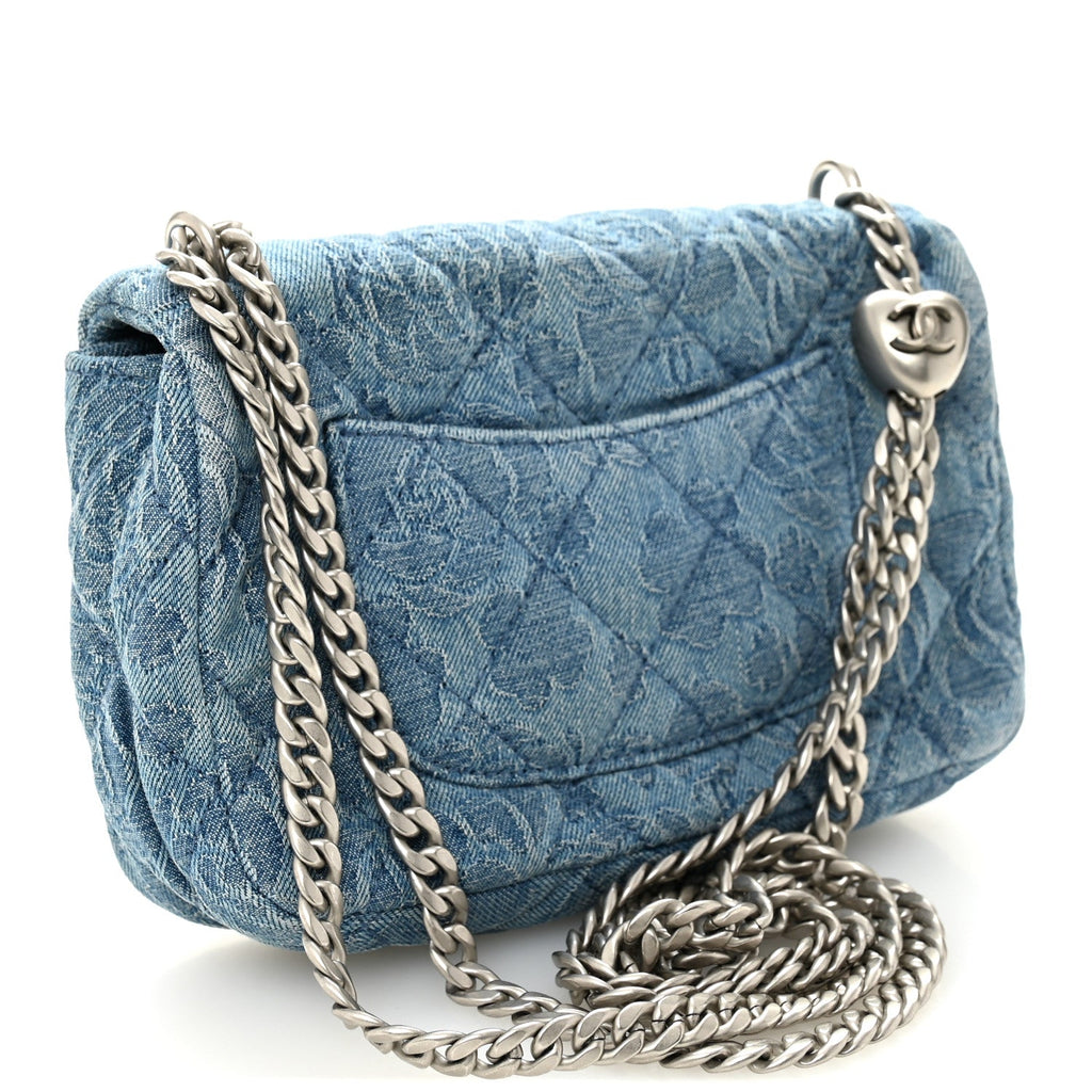 Denim Quilted Camellia Sweetheart Mini Rectangular Flap Blue