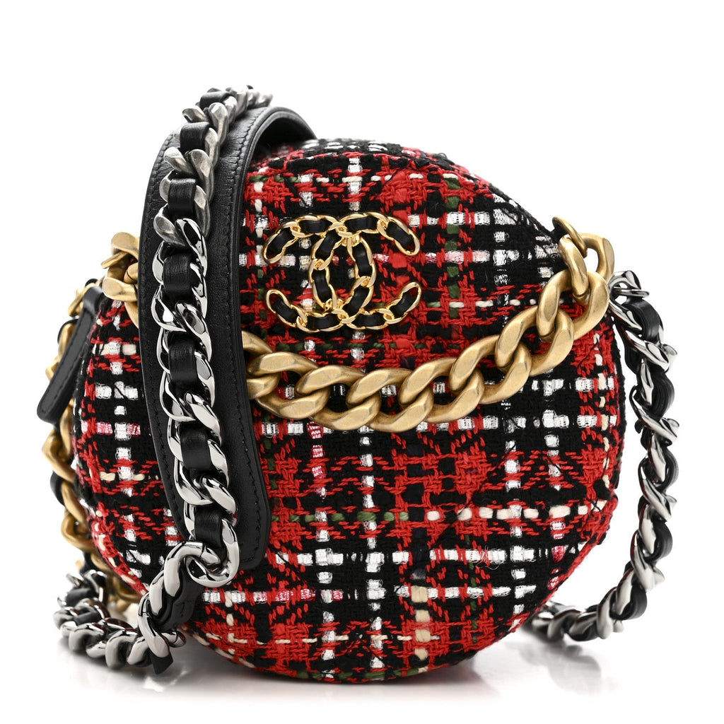 Tweed Quilted Chanel 19 Round Clutch With Chain  Red Black White Green