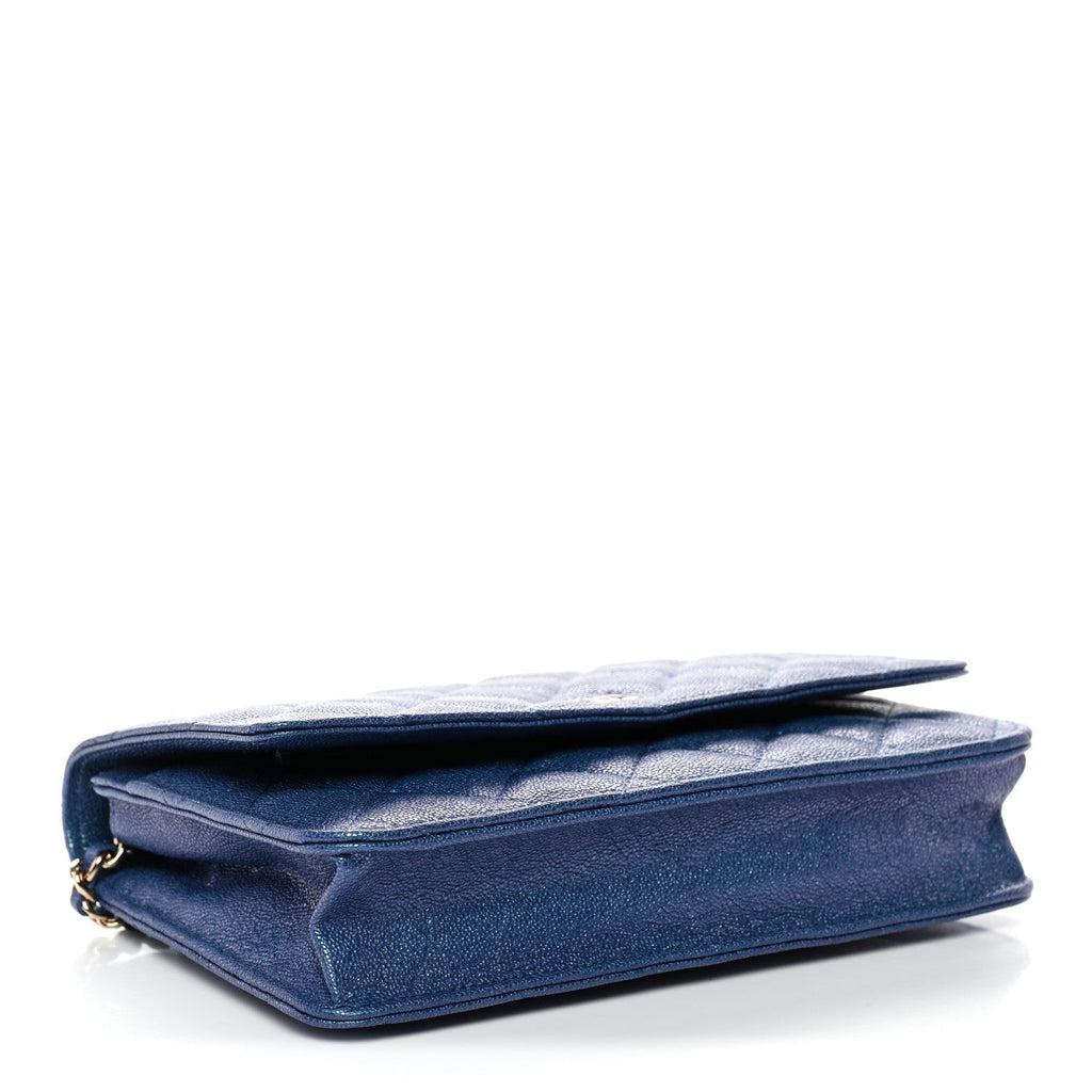 Iridescent Caviar Quilted Wallet on Chain WOC Dark Blue