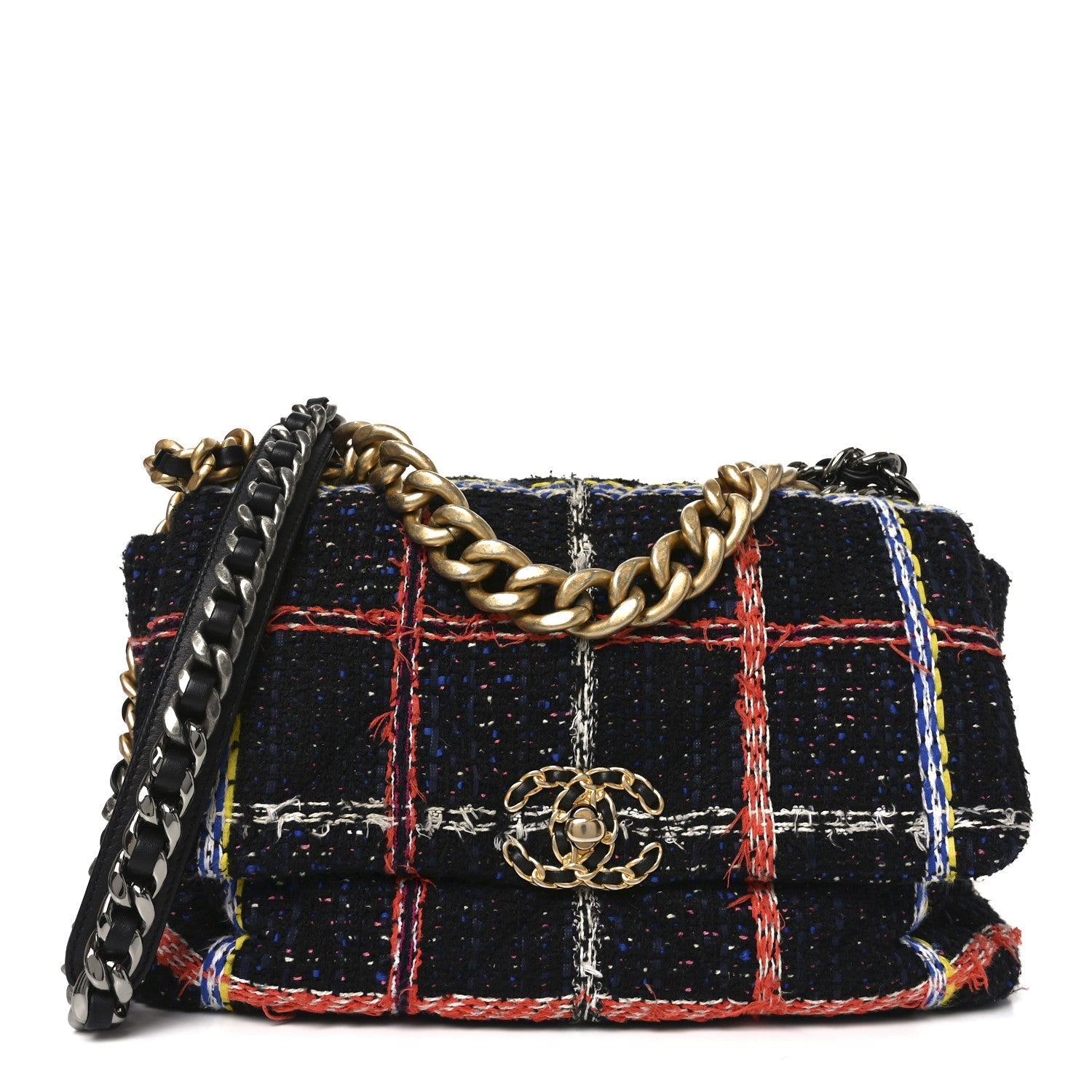 Tweed Quilted Large Chanel 19 Flap Black Orange Blue