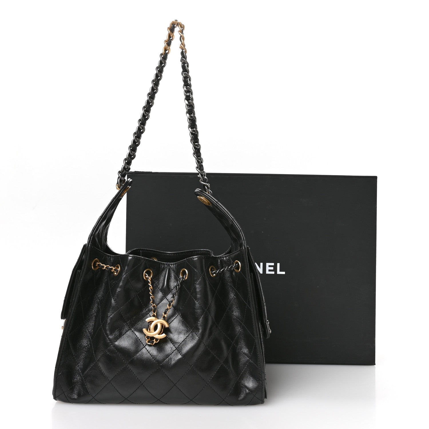 Shiny Crumpled Calfskin Quilted Small Chanel 25 Handbag Black