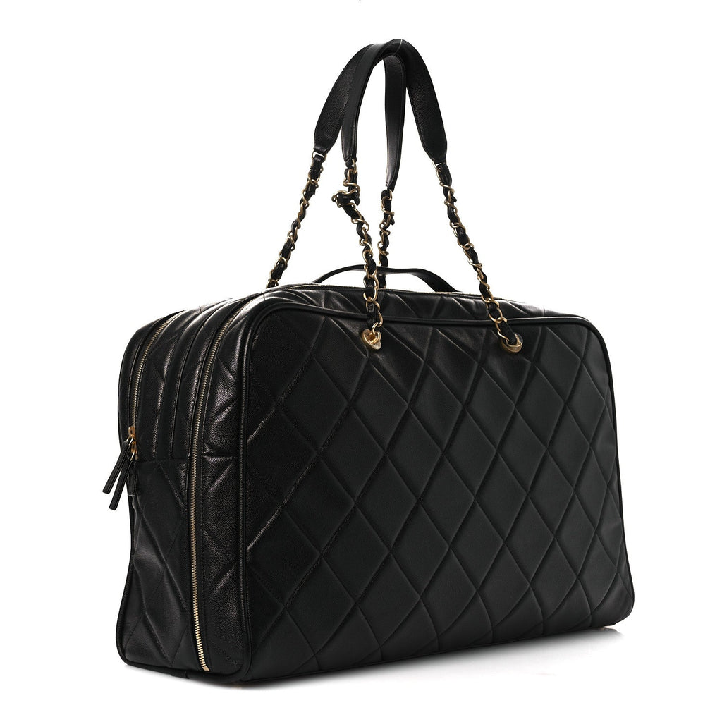 Shiny Grained Calfskin Quilted Large Travel Bowling Bag Black