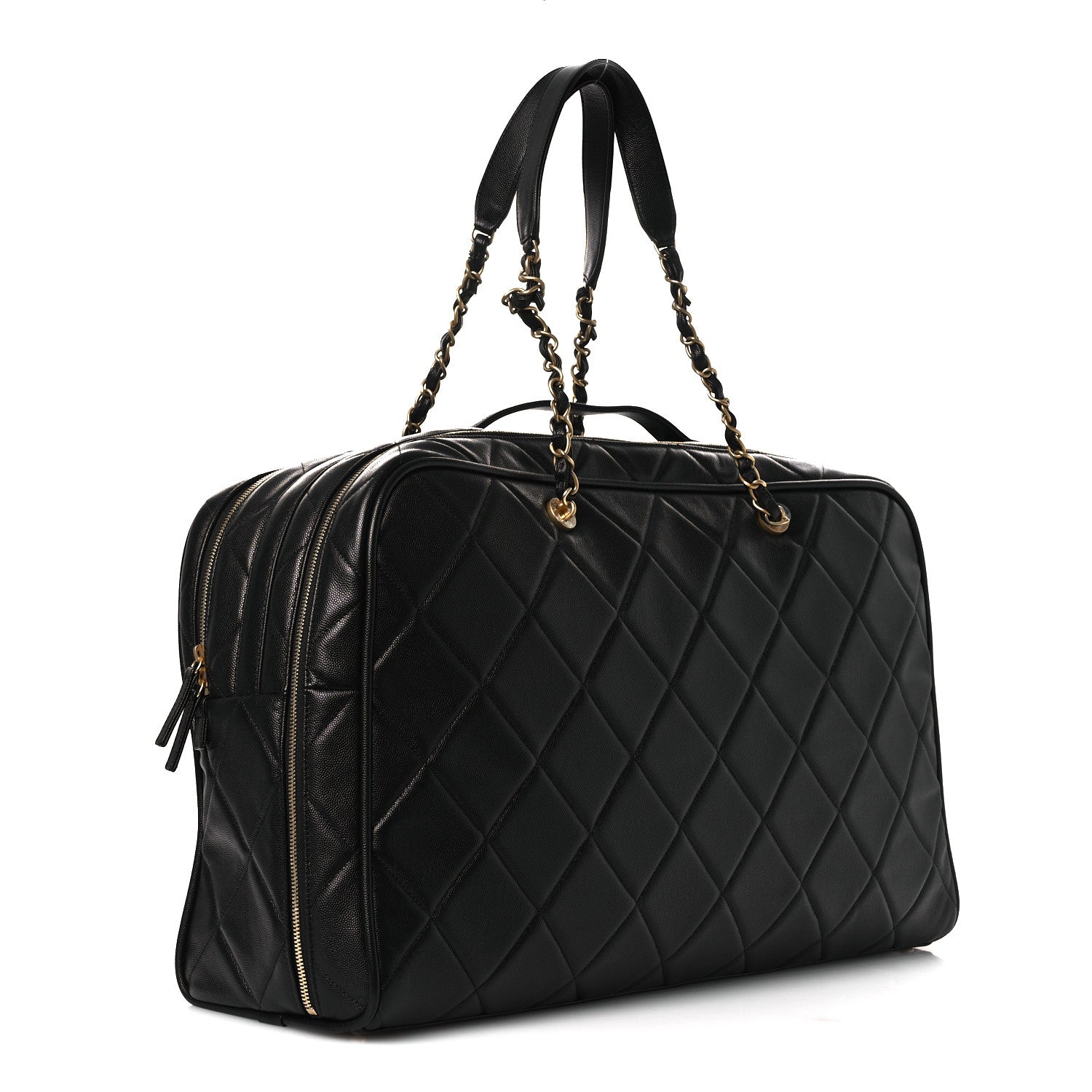 Shiny Grained Calfskin Quilted Large Travel Bowling Bag Black