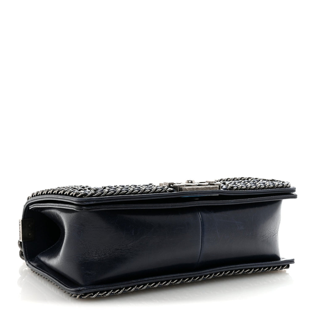 Glazed Calfskin Quilted Medium Boy Chained Flap Blue