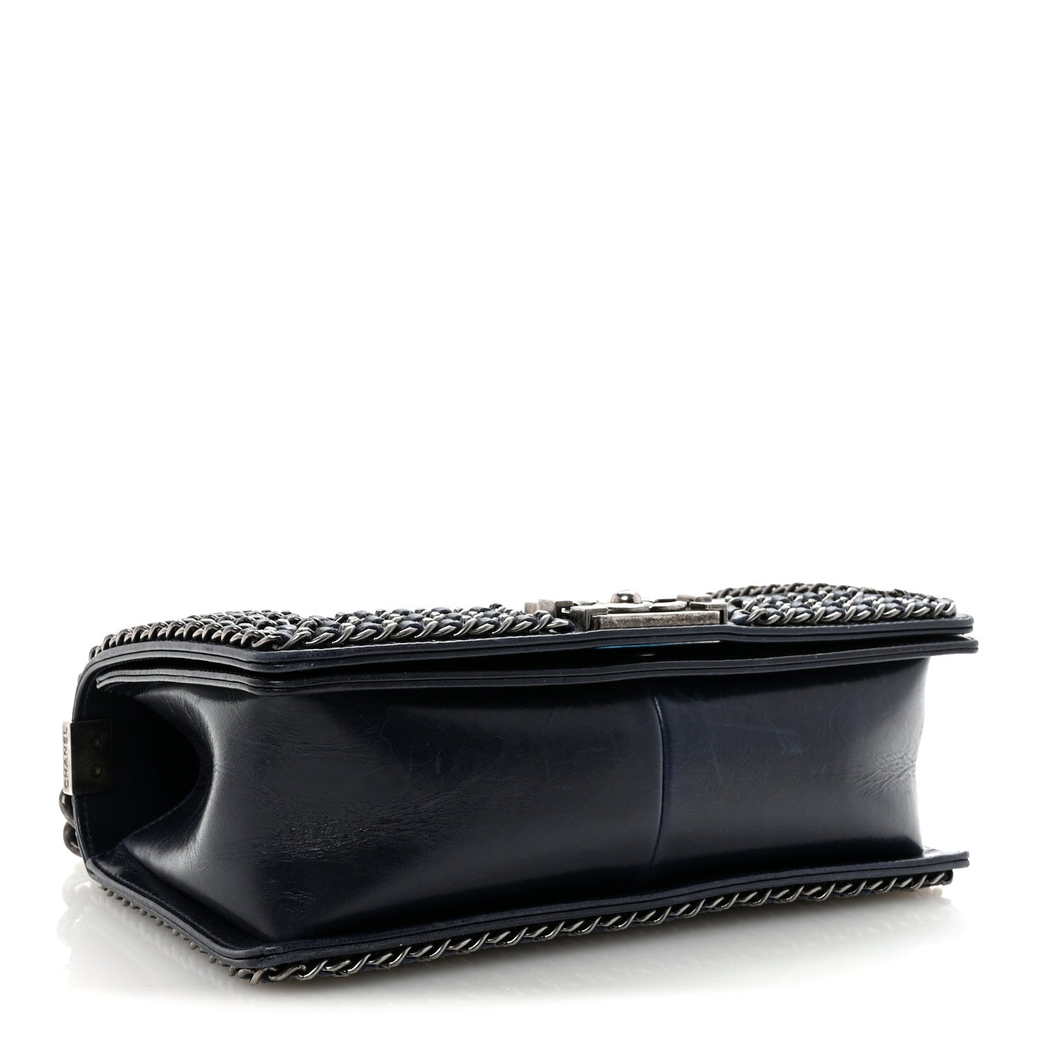 Glazed Calfskin Quilted Medium Boy Chained Flap Blue