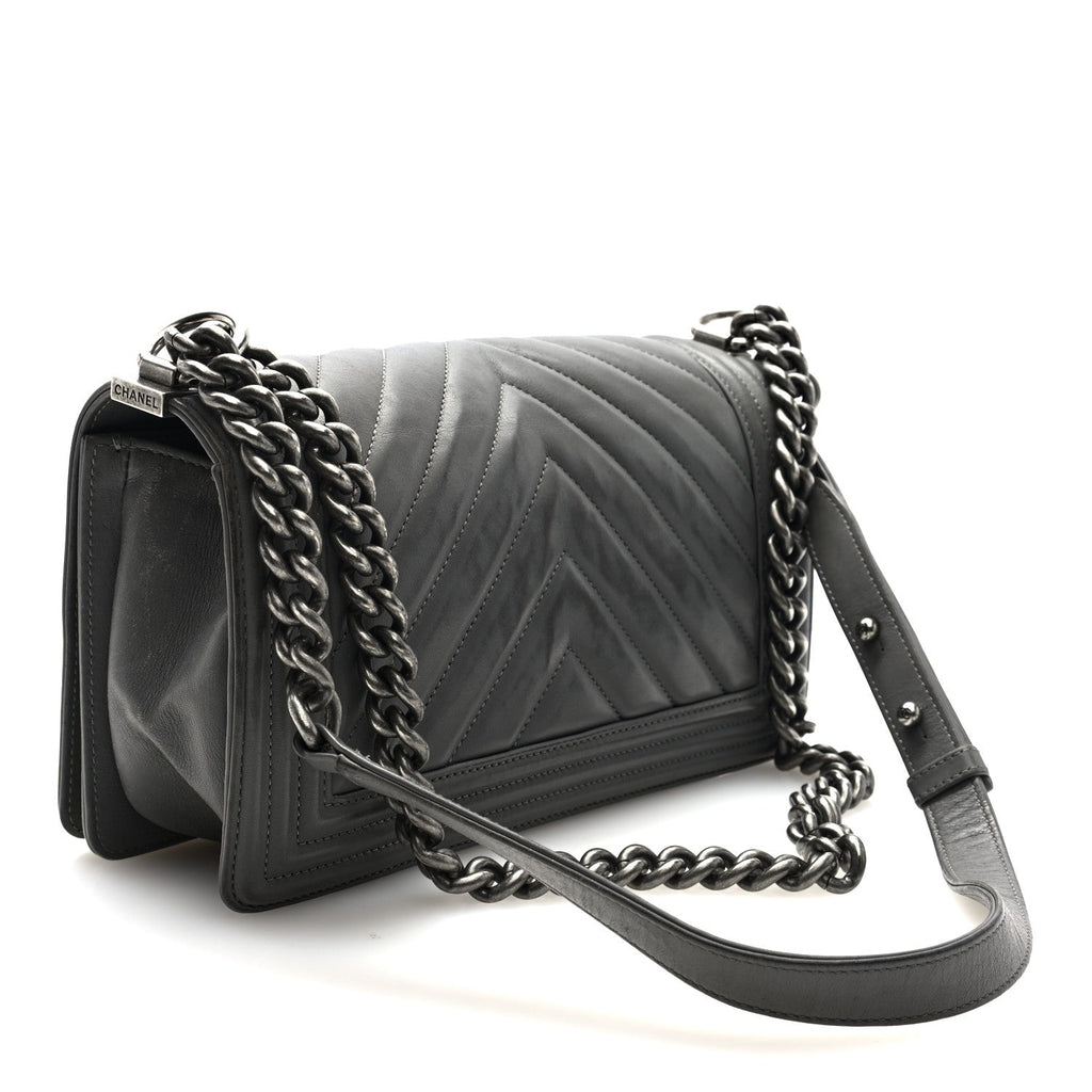 Lambskin Chevron Quilted Medium Boy Flap Grey