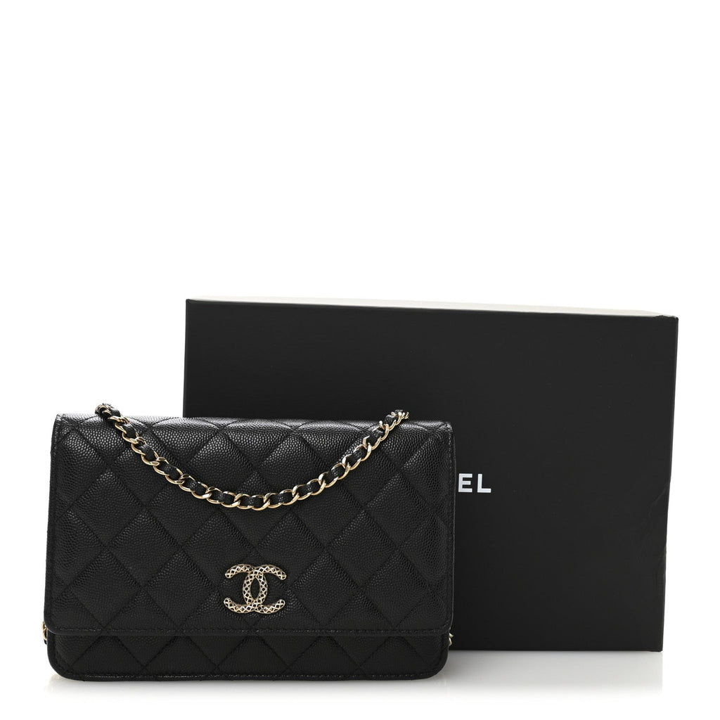 Caviar Quilted Perforated Metal CC Wallet On Chain WOC Black