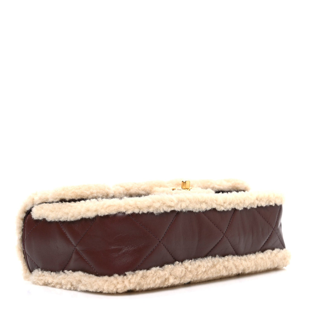 Shearling Lambskin Quilted Furry Coco Flap Dark Brown Beige