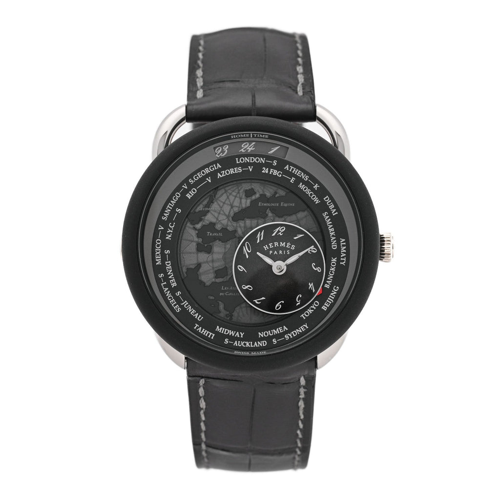 Platinum Titanium Alligator 43mm Arceau Le Temps Voyageur Automatic Watch Noir