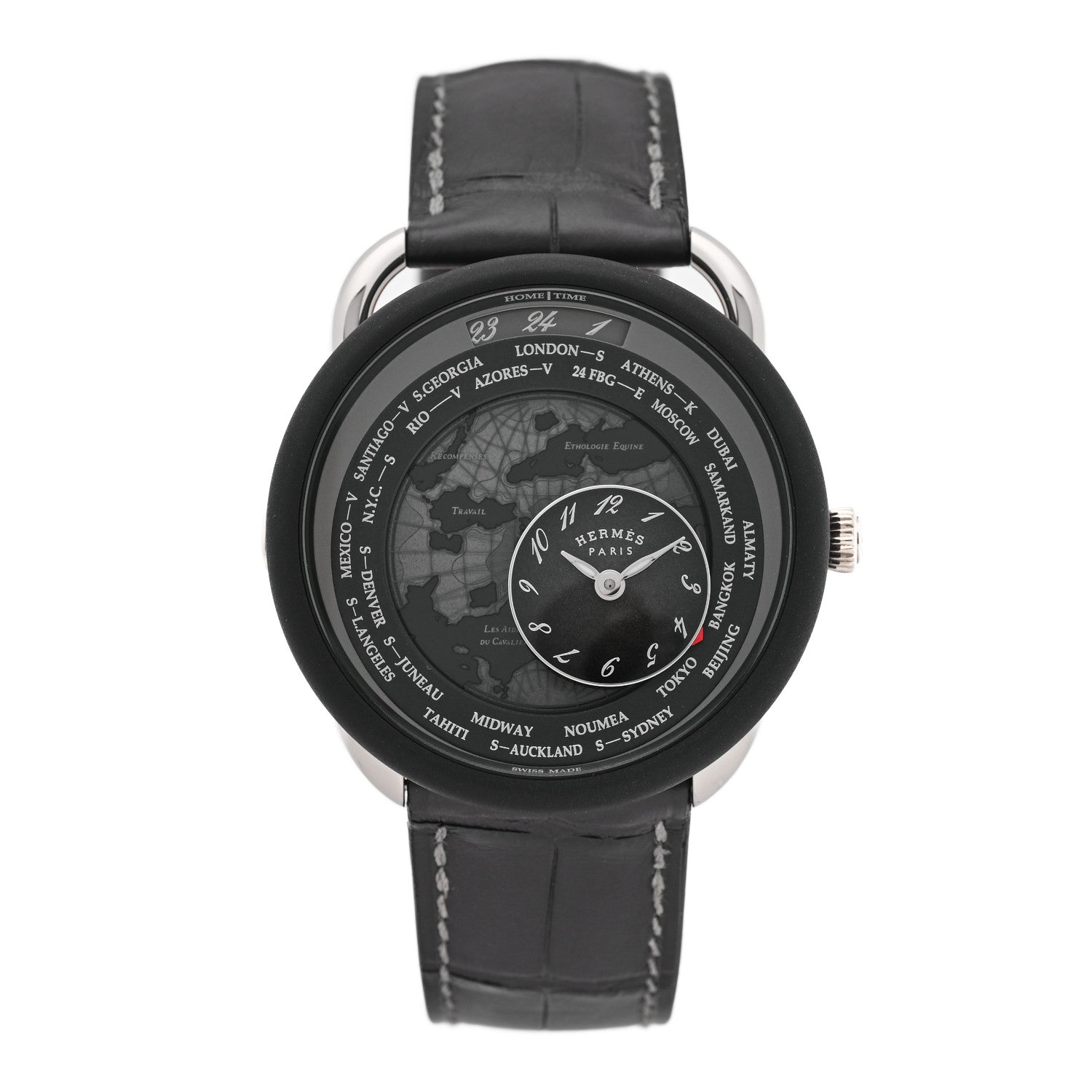 Platinum Titanium Alligator 43mm Arceau Le Temps Voyageur Automatic Watch Noir