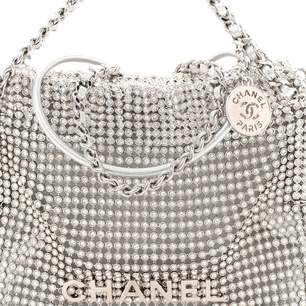 Crystal Embellished Metallic Lambskin Mini Chanel 22 Silver