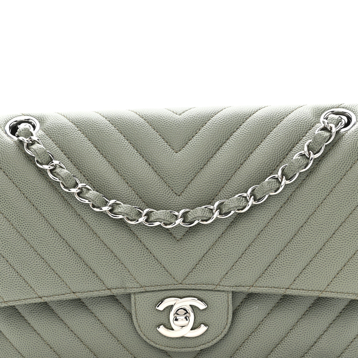 Caviar Chevron Quilted Medium Double Flap  Green