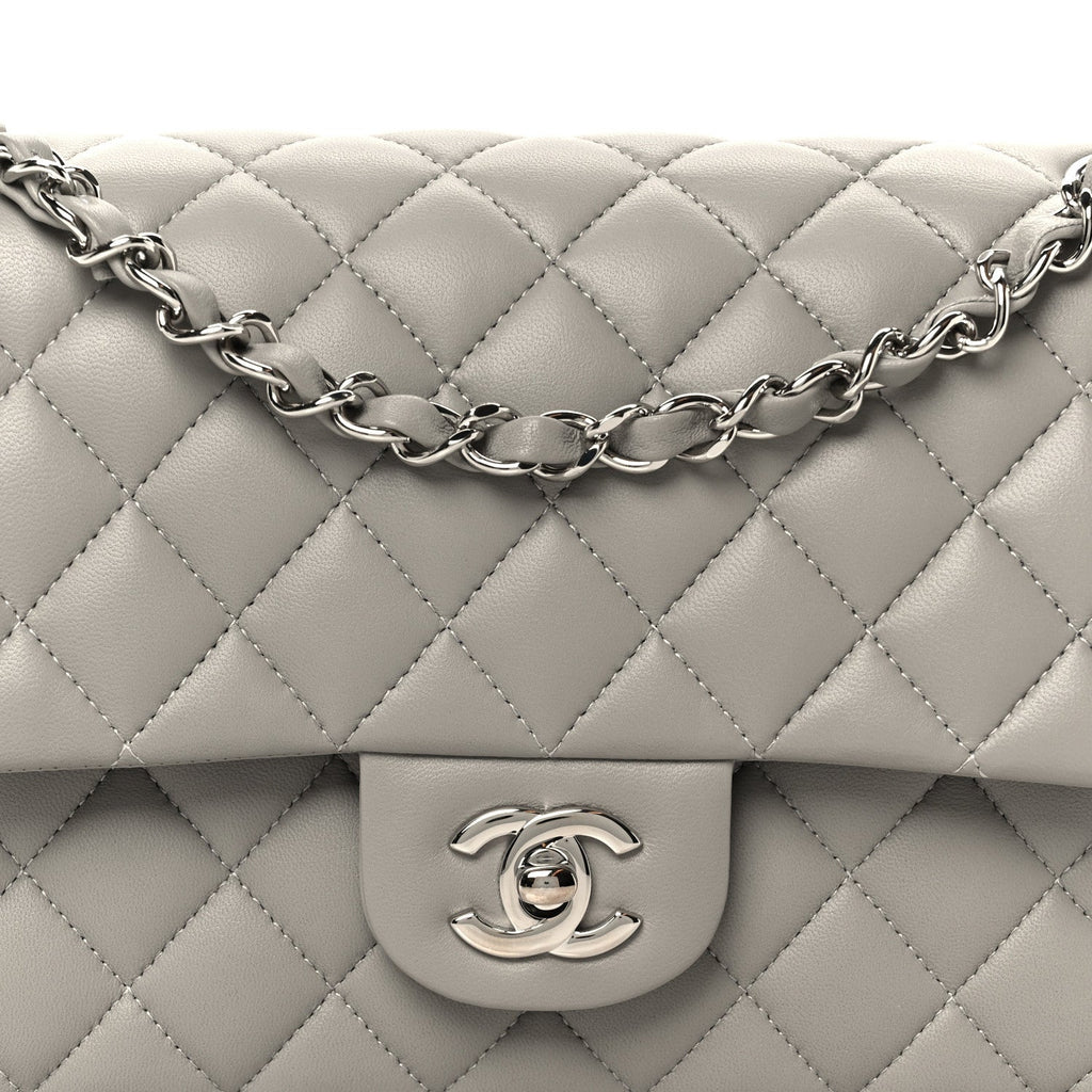 Lambskin Quilted Medium Double Flap Grey