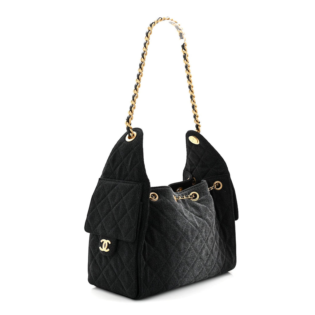 Washed Denim Quilted Small Chanel 25 Handbag Black