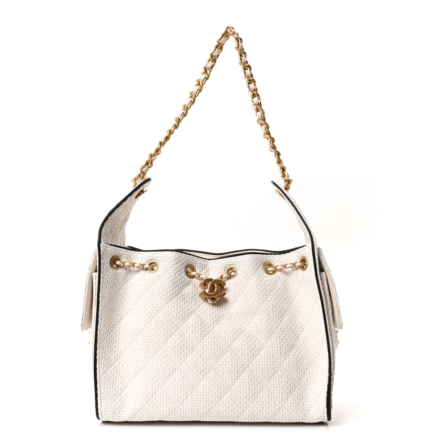 Braided Raffia Calfskin Quilted Small Chanel 25 Handbag White Black