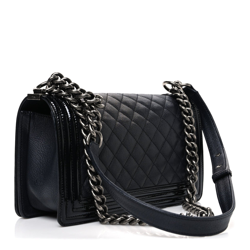 Goatskin Quilted Patent Medium Duo Boy Flap Black
