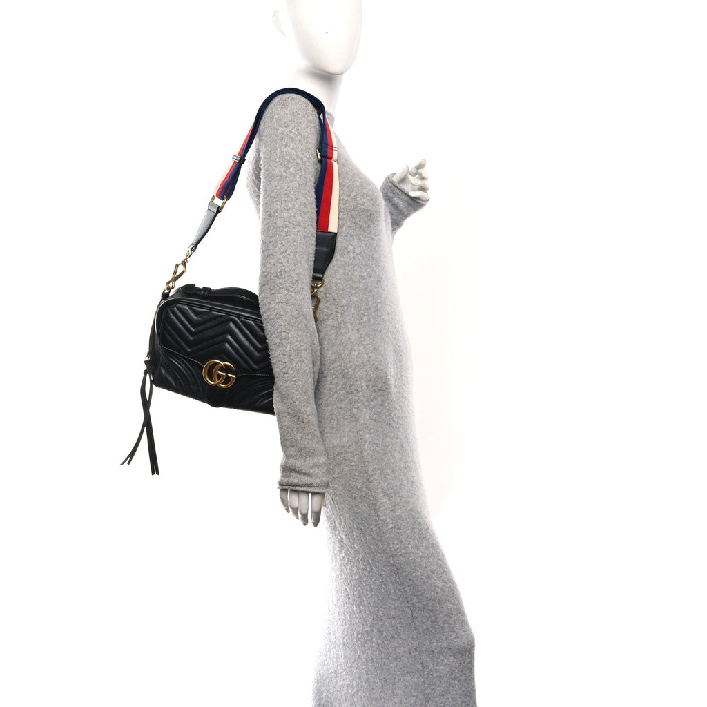 Calfskin Matelasse Sylvie Web Small GG Marmont Top Handle Shoulder Bag Black