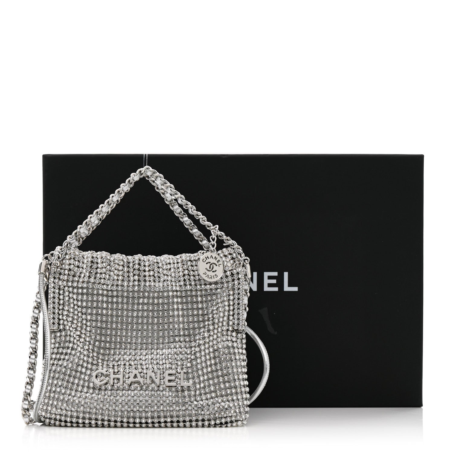 Crystal Embellished Metallic Lambskin Mini Chanel 22 Silver