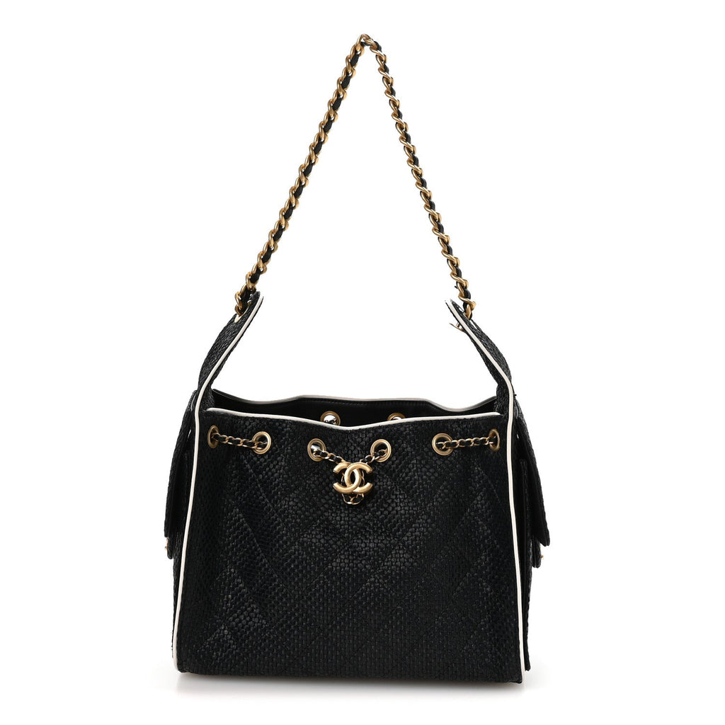 Braided Raffia Calfskin Small Chanel 25 Handbag Black White