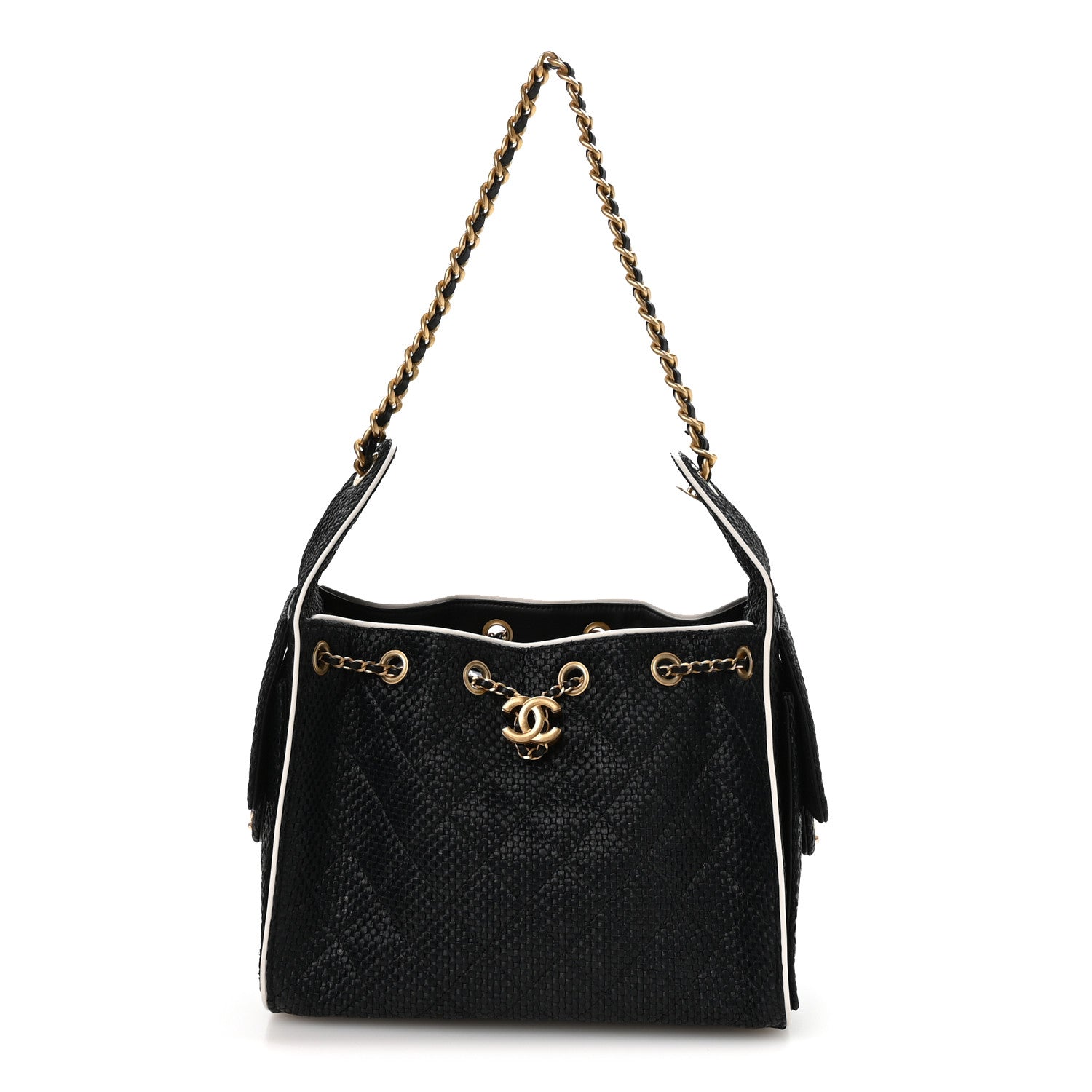 Braided Raffia Calfskin Small Chanel 25 Handbag Black White