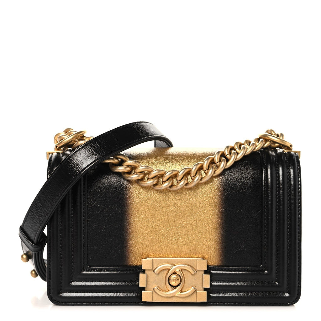Metallic Glazed Calfskin Small Boy Flap Black Gold
