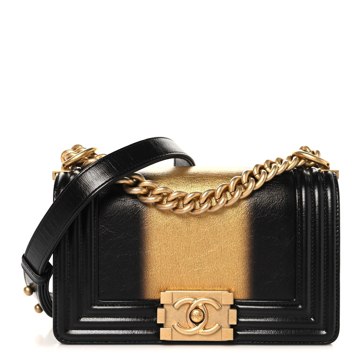 Metallic Glazed Calfskin Small Boy Flap Black Gold