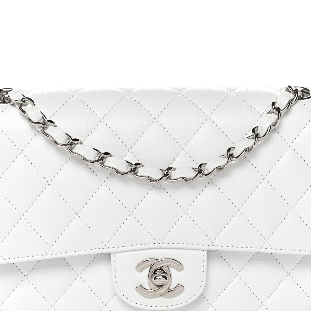 Caviar Quilted Medium Double Flap White