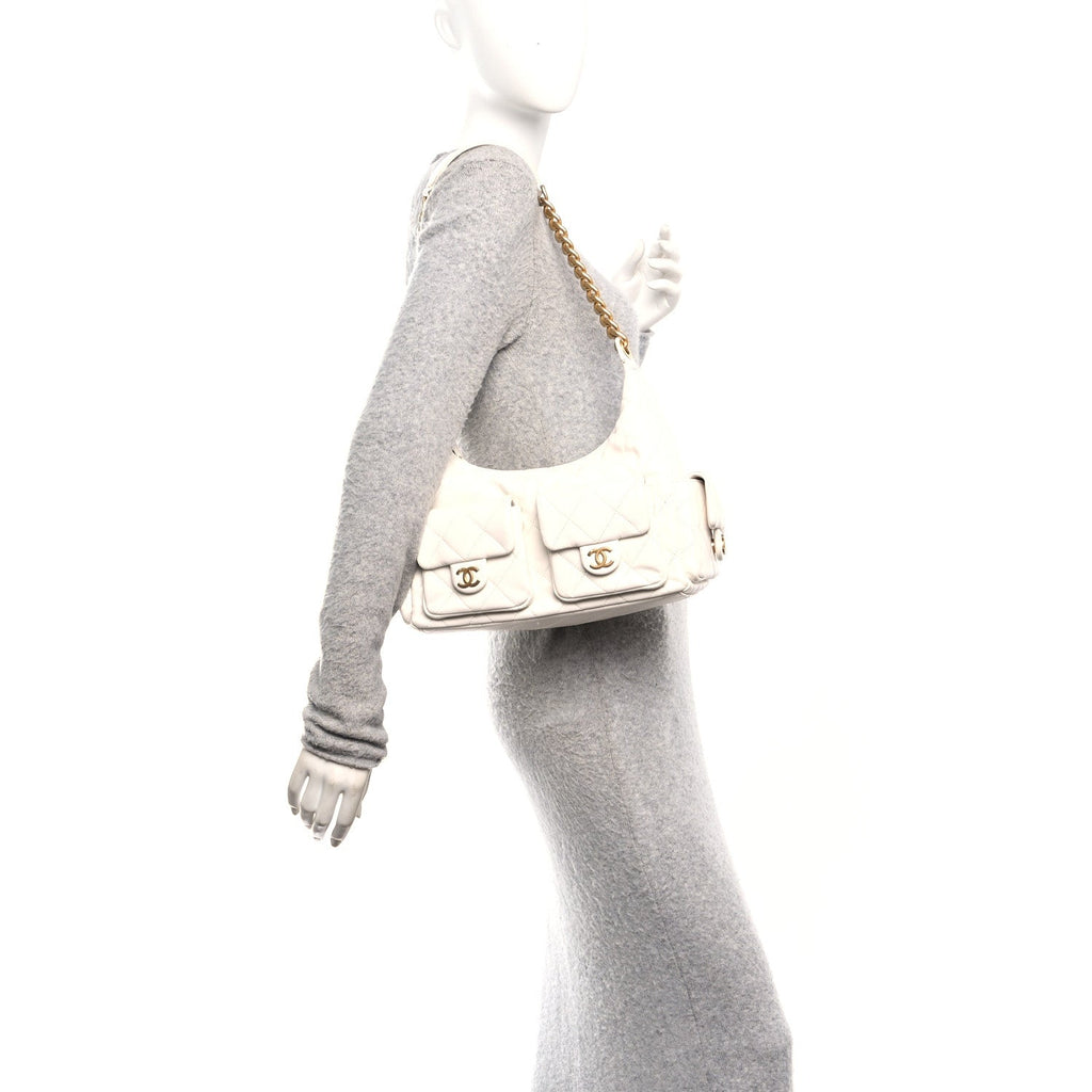 Shiny Lambskin Quilted Trendy Pockets Hobo White