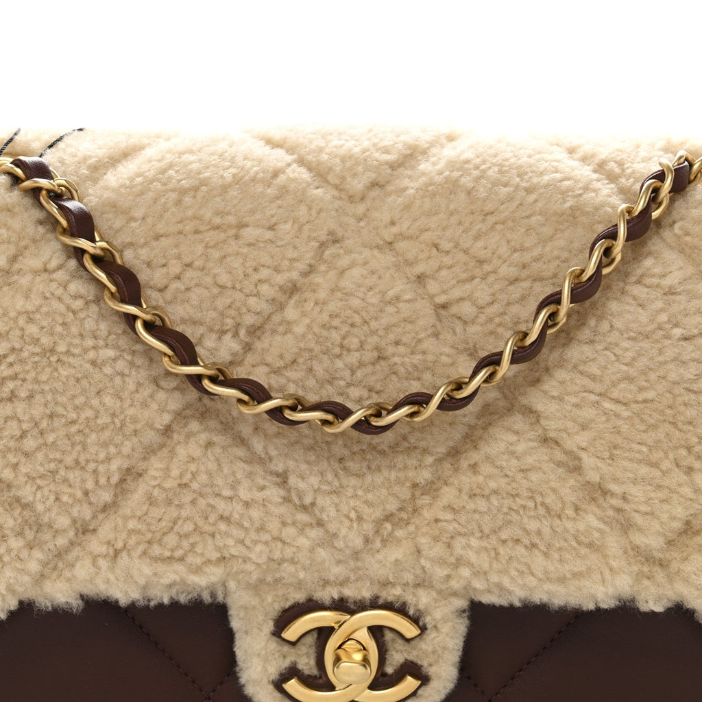 Shearling Lambskin Quilted Furry Coco Flap Dark Brown Beige