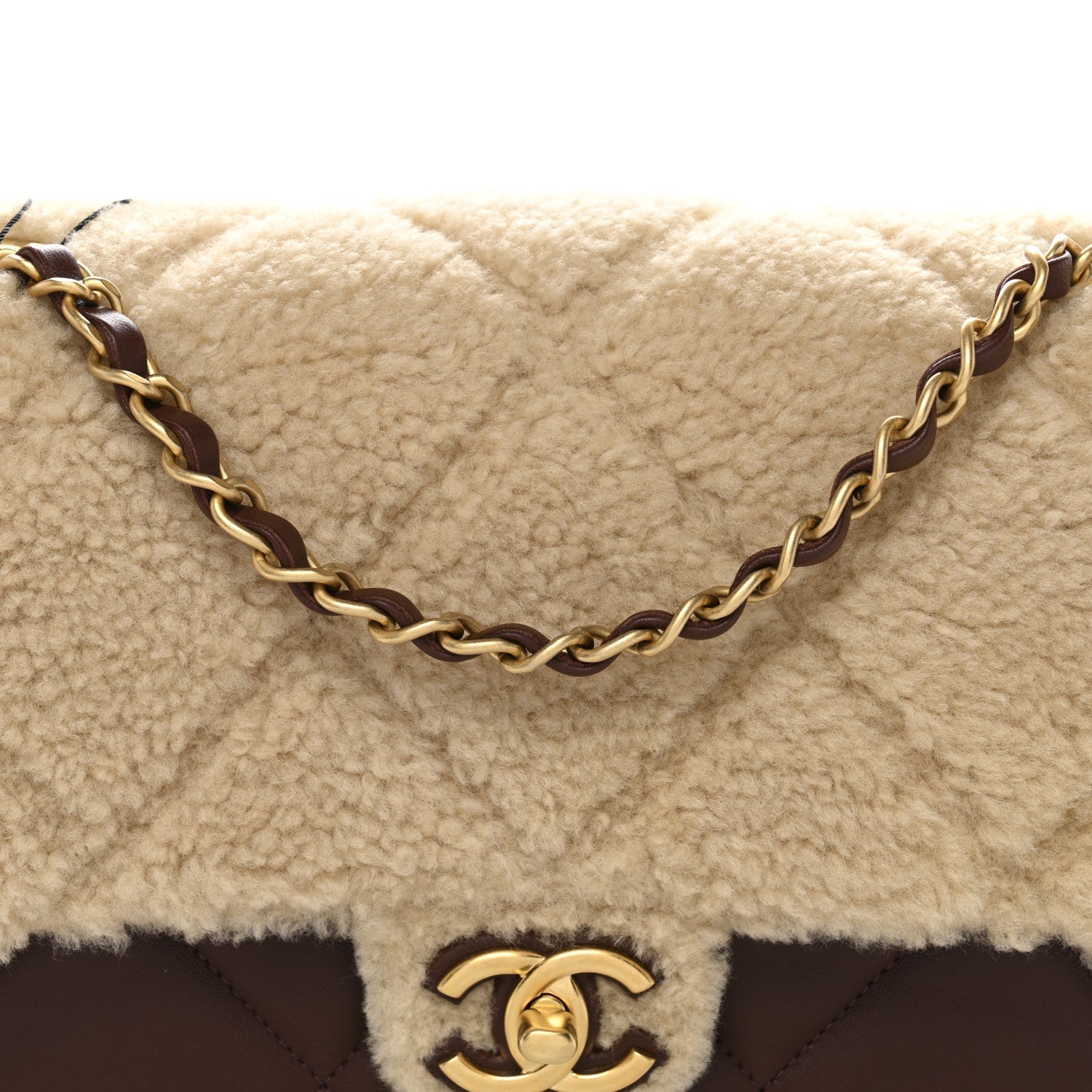 Shearling Lambskin Quilted Furry Coco Flap Dark Brown Beige