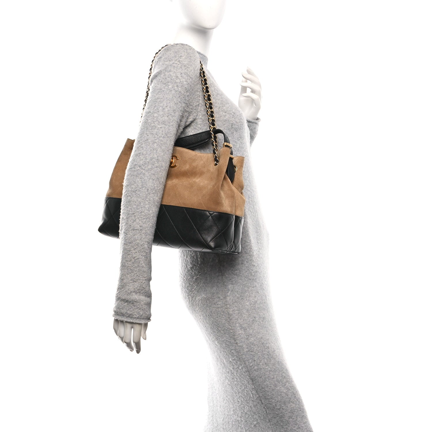 Suede Calfskin Shiny Lambskin Quilted Small Coco Base Shopping Bag Beige Black