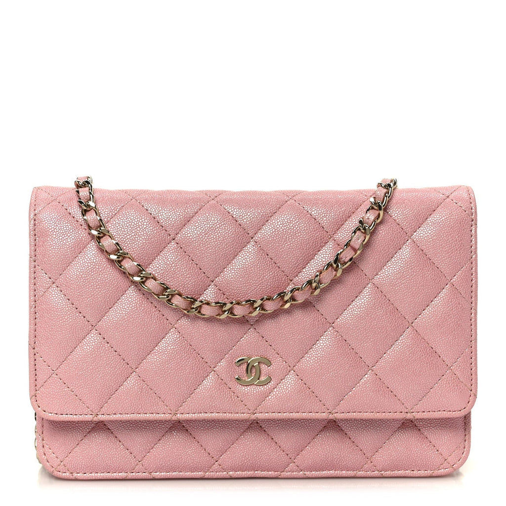 Iridescent Caviar Quilted Wallet on Chain WOC Rose Pink