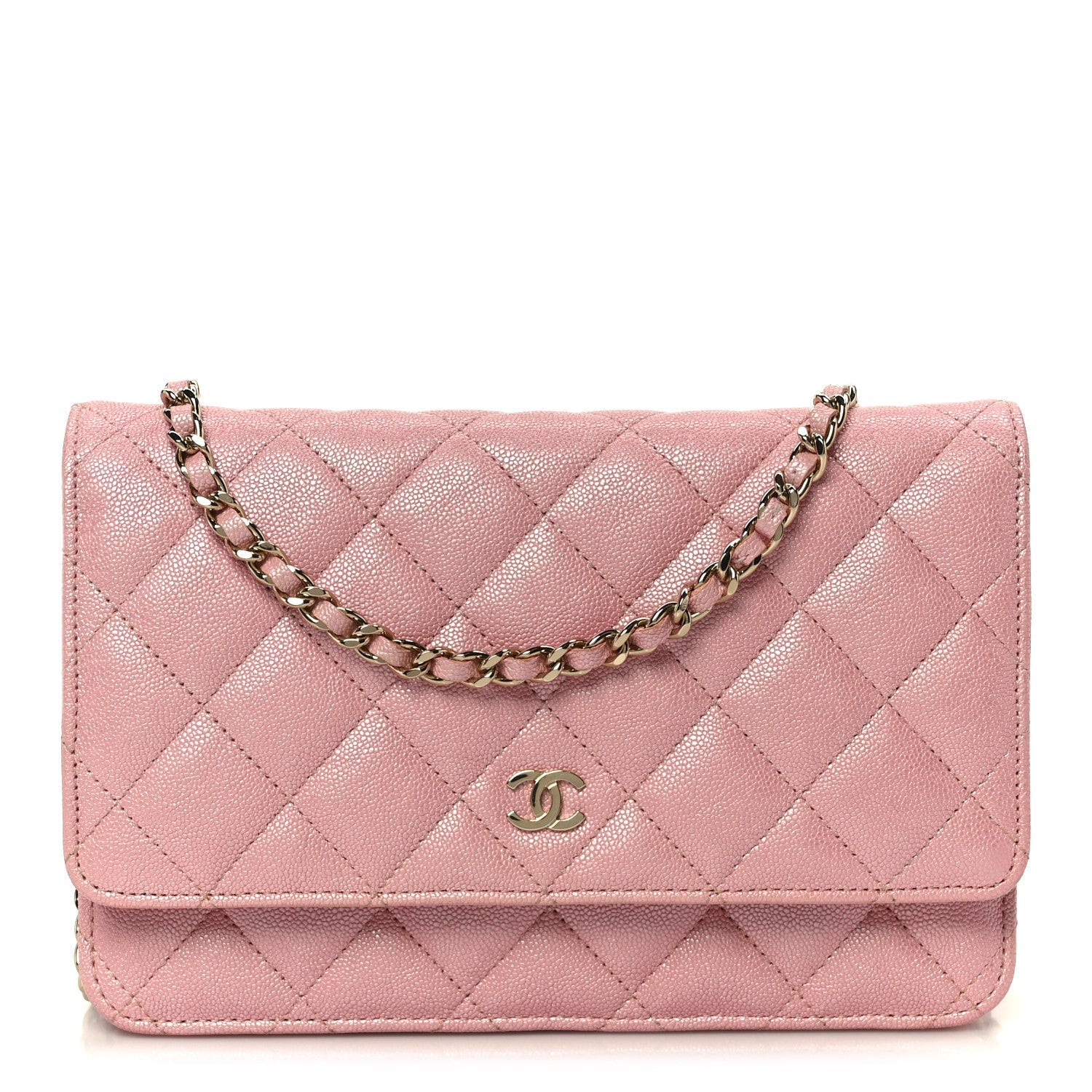 Iridescent Caviar Quilted Wallet on Chain WOC Rose Pink