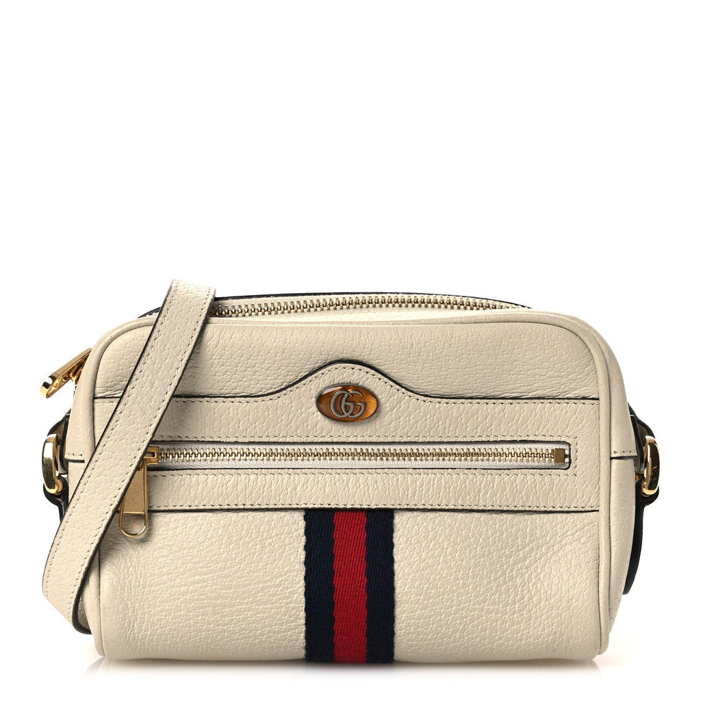 Textured Dollar Calfskin Web Mini Ophidia Shoulder Bag Mystic White