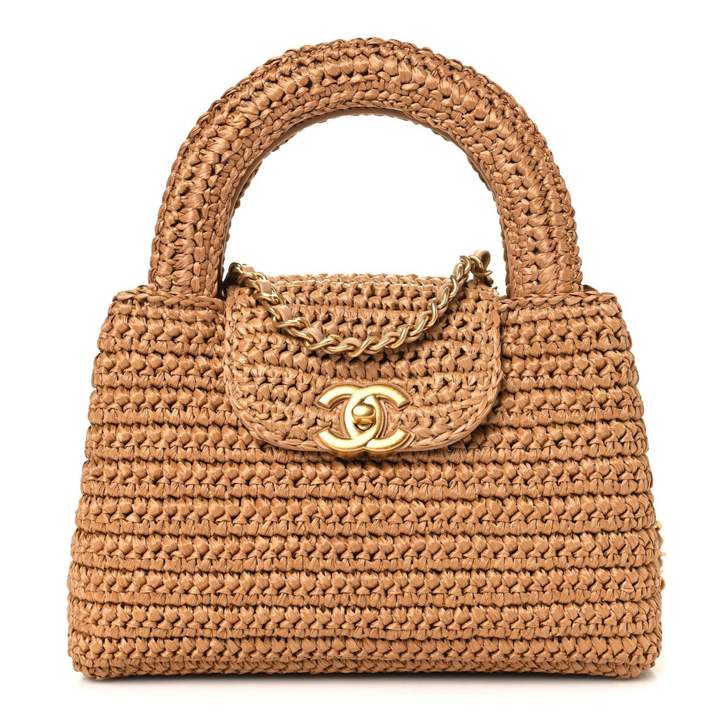 Braided Raffia Nano Kelly Flap Bag Dark Beige